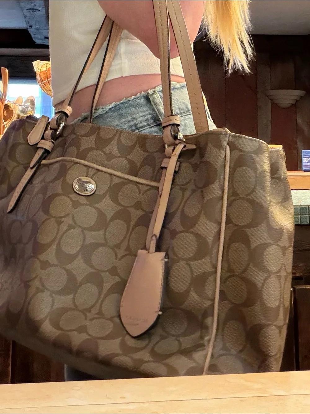 Coach Peyton Jordan Double Zip Carryall Tote Signature Brown